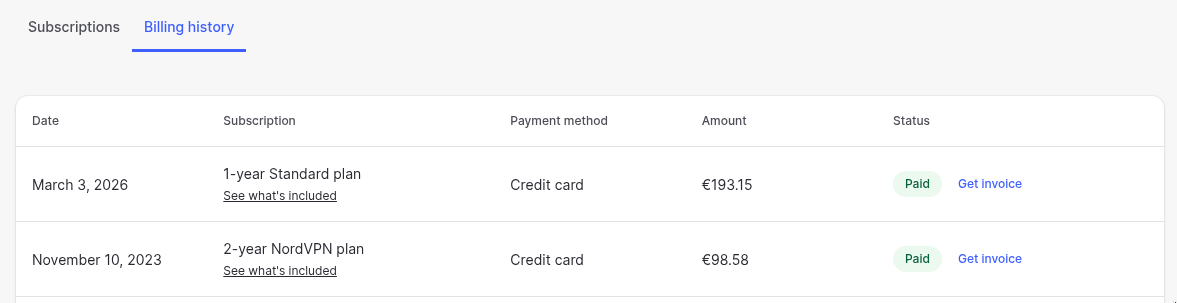Figure 3: Billing history.