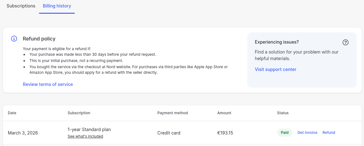 Figure 9: We see the refund policy that does not cover our auto-renewal case, but regardless, a Refund button appeared now!
