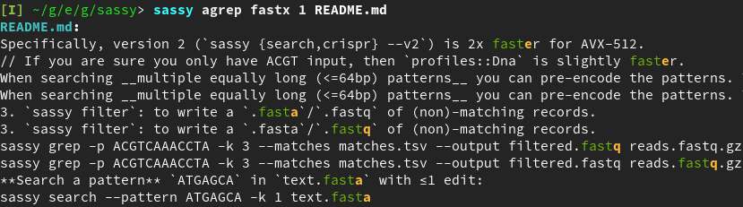 Figure 1: Output of sassy agrep fastx 1 README.md.