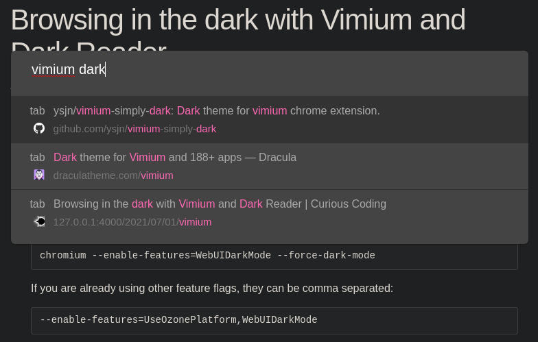 Figure 1: Dark vimium on top of an inverted webpage.
